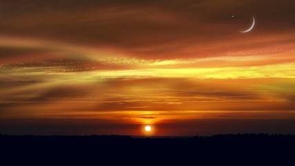 Crescent moon with Stars . Crescent moon with beautiful sunset background . Generous Ramadan .  new moon . 