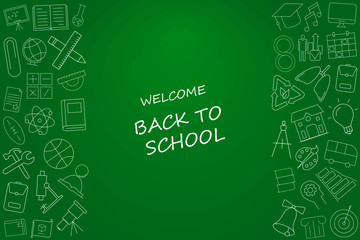 Welcome back to school banner with line icon on blackboard. Design template for banner, poster. Vector illustration