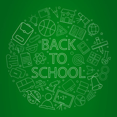 Welcome back to school banner with line icon on blackboard. Design template for banner, poster. Vector illustration