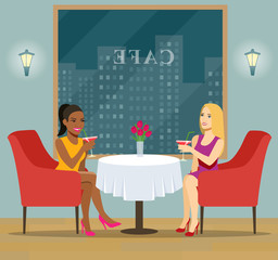 Interior of cafe or bar. Girlfriends are sitting and drinking cocktail near the window.  Vector flat style  illustration