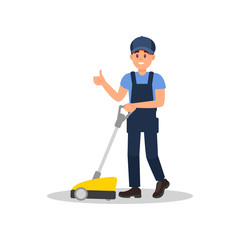 Smiling man cleaning floor with scrubber machine and showing thumb up. Young guy in working uniform. Flat vector design