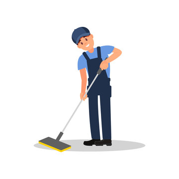 Young man cleaning floor using plastic mop. Smiling guy in overall, cap and t-shirt. Flat vector element for promo poster or banner