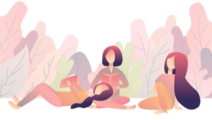 friends girls are resting in park with books. reading together. drawing illustration flat gradient.