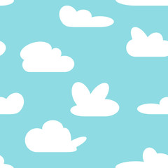 Seamless background with blue sky and white cartoon clouds. Vector illustration.
