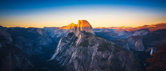 Panoramic Sunset View of Half Dome from  Glacier Point in Yosemite National Park