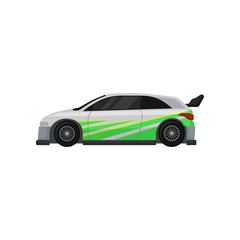 Fototapeta na wymiar Racing car with tinted windows, spoiler and green stickers. Autosport theme. Flat vector for mobile game or promo poster of tuning service