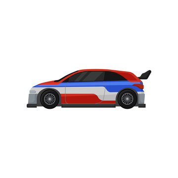 Colorful racing car with tinted windows and spoiler. Extreme auto sport. Flat vector element for mobile game