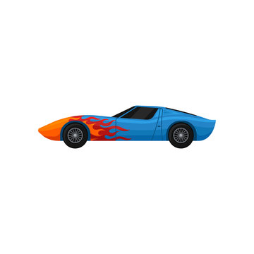 Blue racing car with red-orange flame decal. Cool sports automobile with tinted windows. Extreme auto sport. Flat vector for mobile game