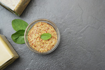 Mustard Pasta Sauce with Mustard Seeds. Spicy food ingredient.