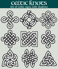 Set of celtic signs with shadows. 9 symbols made with Celtic knots for use in tattoos or designs.