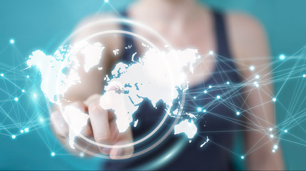 Businesswoman using digital world map interface 3D rendering