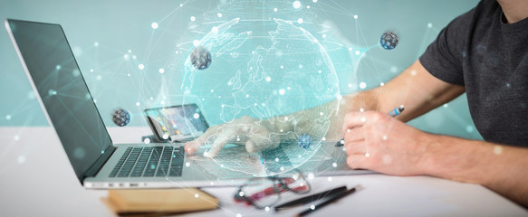 Graphic designer using globe network with digital connection 3D rendering