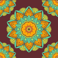 Seamless ethnic pattern with floral motives. Mandala stylized print template for fabric and paper. Boho chic design. Summer fashion.