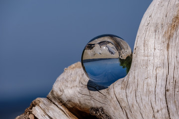 chrystal ball on a dry wood on the beach