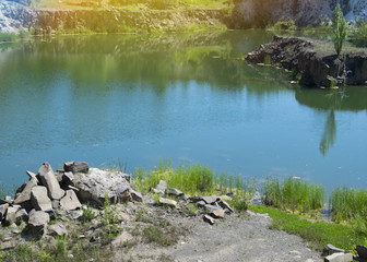 The shores of the great lake, which are located near the forest, sunny weather in the summer