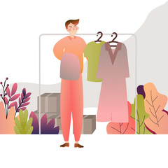 Man choosing shirt clothes in a shop. store apparel cloting in hanger. Drawing flat gradient curve illustration.