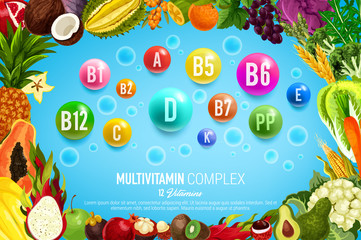 Vitamin banner with food, vegetable, fruit frame