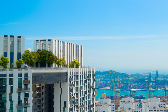 Beautiful rooftop view from sky bridge.  Living building with garden on the top in Singapore. Aerial view of the commercial port.