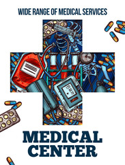 Medicine cross symbol with medical sketch