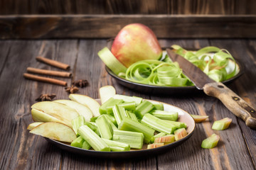 Stems of fresh young rhubarb