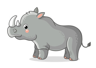 Rhinoceros stands on a white background. Cute animal in the cartoon style. Vector illustration on a children's theme.