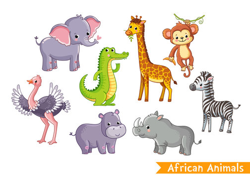 Set with animals of Africa in cartoon style. Vector illustration on a children's theme.