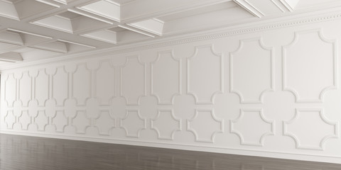 Perspective of white empty room and dark laminate floor,classic interior style.blank space architecture.3d rendering