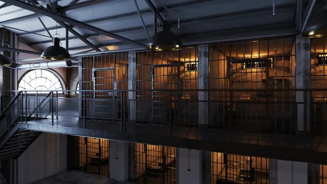 Interior of the modern prison. Hallway with two floors and rows of cells.
