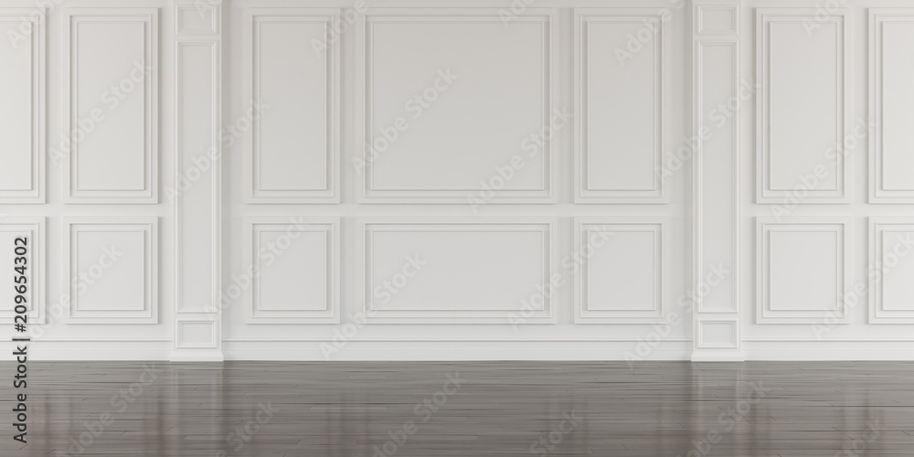 Poster perspective of white empty room and dark laminate floor,classic interior style.blank space architect