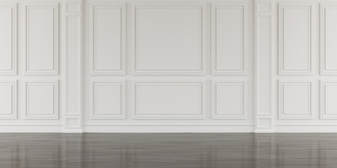 Perspective of white empty room and dark laminate floor,classic interior style.blank space architecture.3d rendering