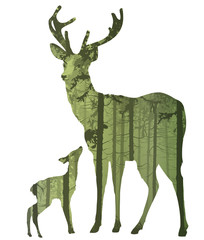 silhouette of a deer with a small deer. Inside the deer is a pine forest. Isolated objects, vector illustration