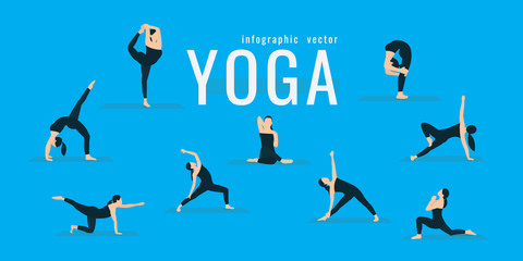 Woman doing fitness and yoga exercises. Lunges and squats. Active and healthy life concept. vector illustration. on blue background. icons of girl doing sport