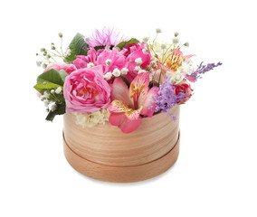 Naklejka na ściany i meble Gift box with beautiful flowers on white background
