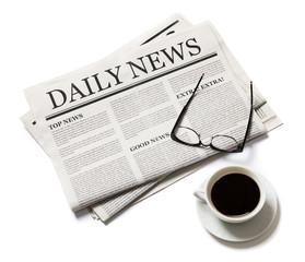 Business Newspaper with the headline News and glasses and coffee cup isolated on white background,...
