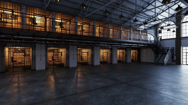 Interior of the modern prison. Hallway with two floors and rows of cells.