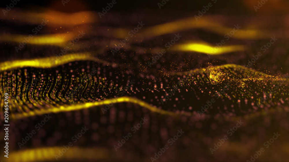 Poster futuristic gold digital abstract luxurious sparkling wave particles flow de-focus background