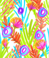 Seamless pattern with orange, green and turquoise blue palm leaves, small bright pink flowers and non polka dots painted in highlighter felt tip pen on white isolated background © tina bits