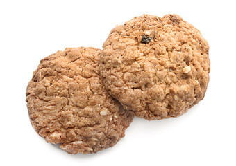 Delicious oatmeal cookies on white background