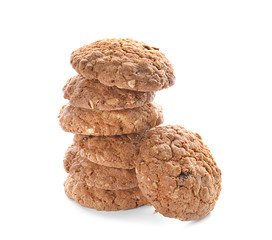 Delicious oatmeal cookies on white background