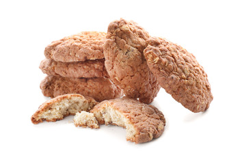 Delicious oatmeal cookies on white background