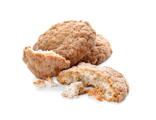 Delicious oatmeal cookies on white background