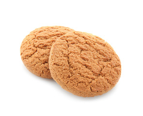 Delicious oatmeal cookies on white background