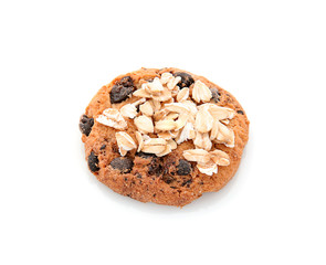 Delicious oatmeal cookie on white background