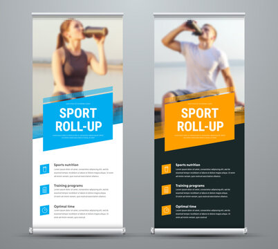 Templates of vector white and black roll-up banners on the theme of sport and sports nutrition, with a place for photos.