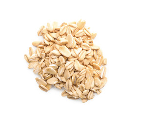 Heap of raw oatmeal on white background