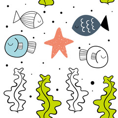 Vector seamless pattern with fish. Scandinavian motives. Children's print.