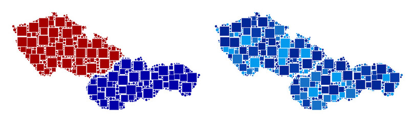 Dotted Czechoslovakia map variants. Abstract geographic scheme variant done with cold blue color tinges. Vector composition of Czechoslovakia map done of random square and spheric elements. - obrazy, fototapety, plakaty
