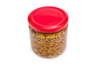 French mustard in small glass jar with red lid