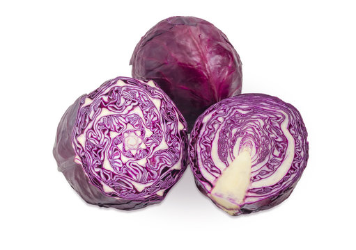 Two halves and one whole heads of the red cabbage