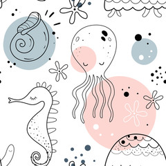 Vector naadloos patroon met zeedieren en zeeschelp. Scandinavische motieven. Afdrukken voor kinderen.